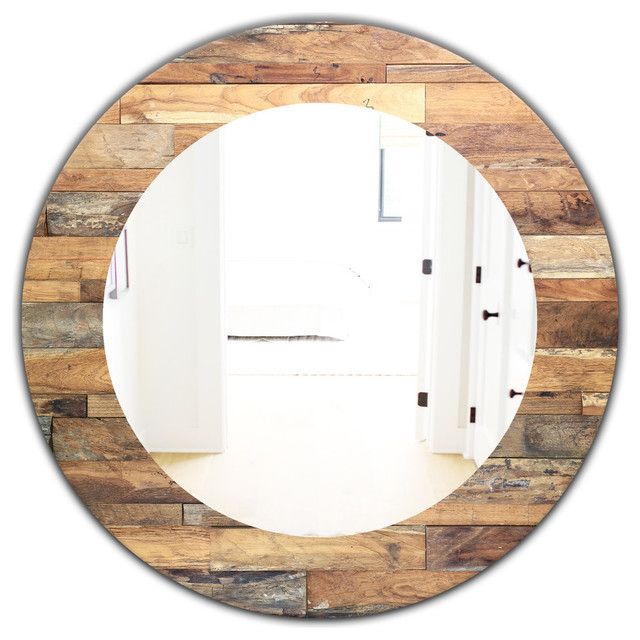 Designart Wood Iv Modern Frameless Oval Or Round Wall Mirror – Rustic Inside Celeste Frameless Round Wall Mirrors (View 10 of 15)