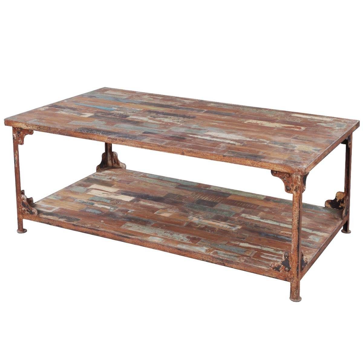 Distressed Reclaimed Wood Wrought Iron Industrial Rustic Coffee Table Inside Distressed Iron 4 Shelf Desks (Photo 6 of 15)