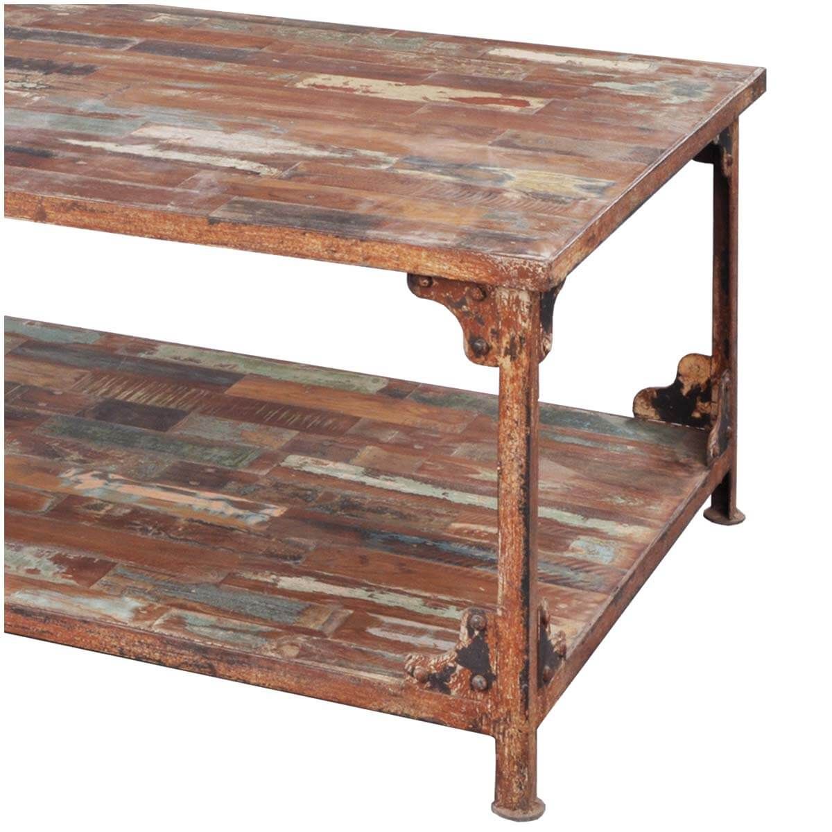 Distressed Reclaimed Wood Wrought Iron Industrial Rustic Coffee Table Regarding Distressed Iron 4 Shelf Desks (View 4 of 15)