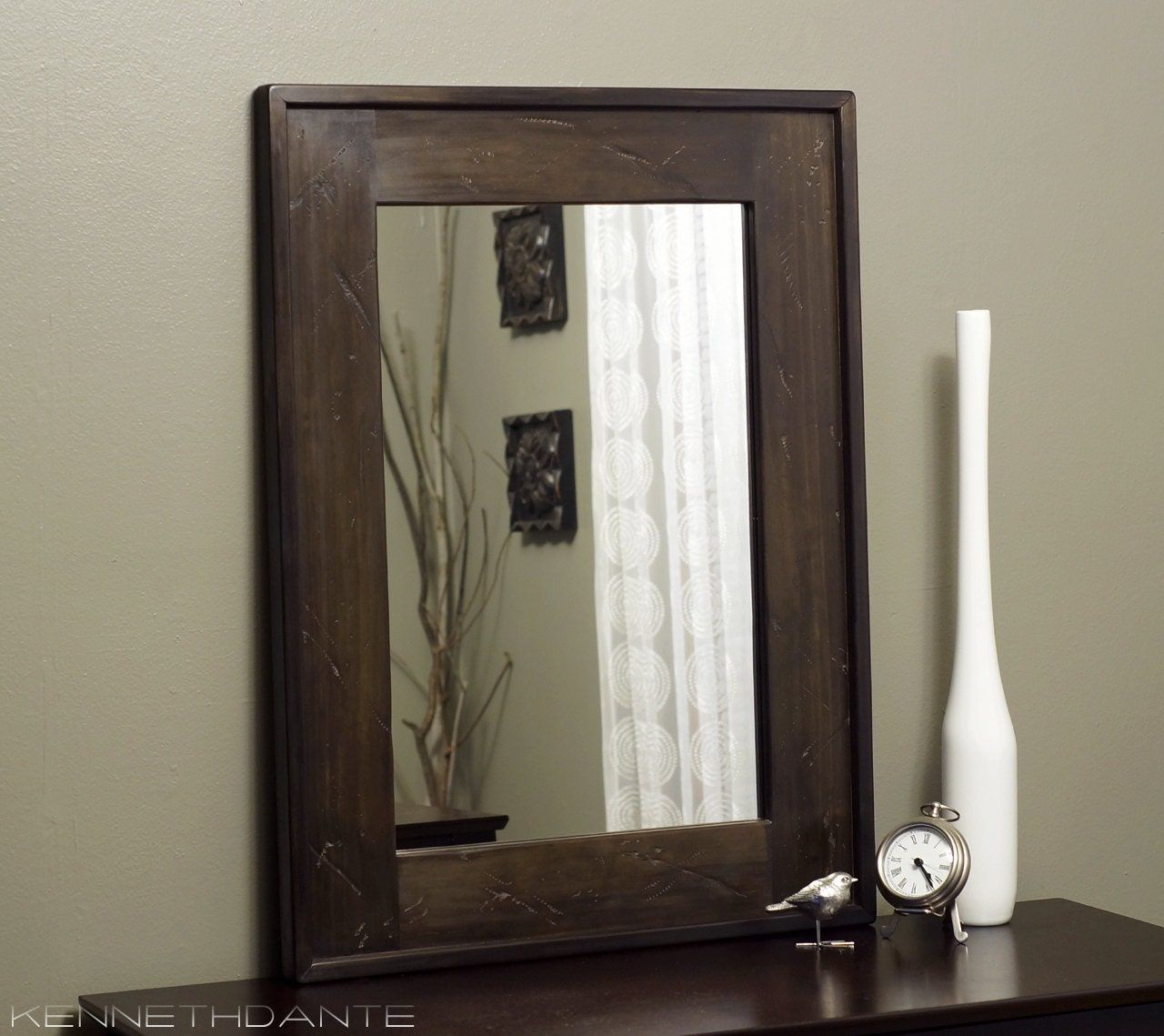 Distressed Wood Mirror Dark Brown Bathroom Rustickennethdante With Medium Brown Wood Wall Mirrors (Photo 4 of 15)