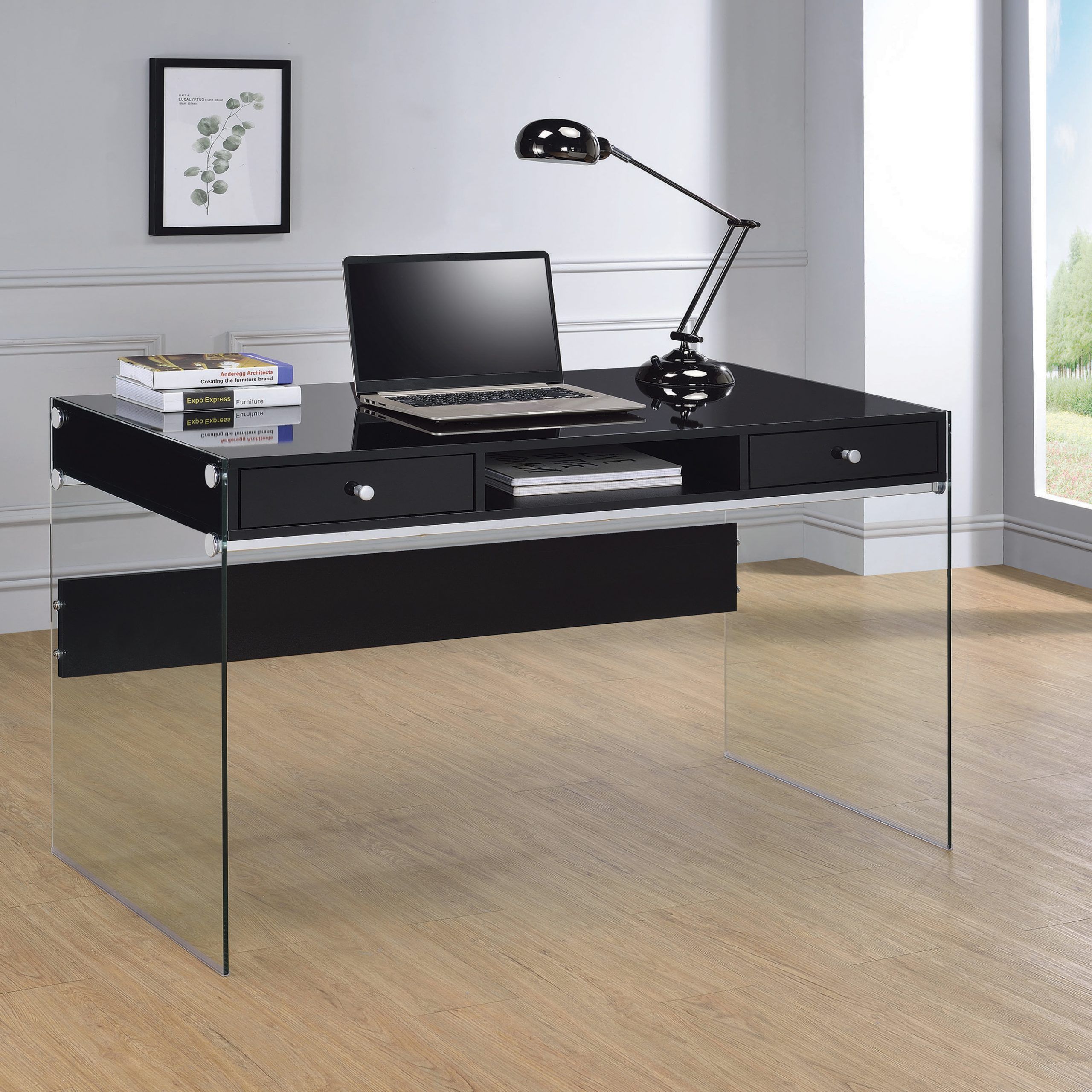 Dobrev 2 Drawer Writing Desk Glossy Black And Clear – Coaste With Regard To Black And Gray Oval Writing Desks (View 7 of 15)
