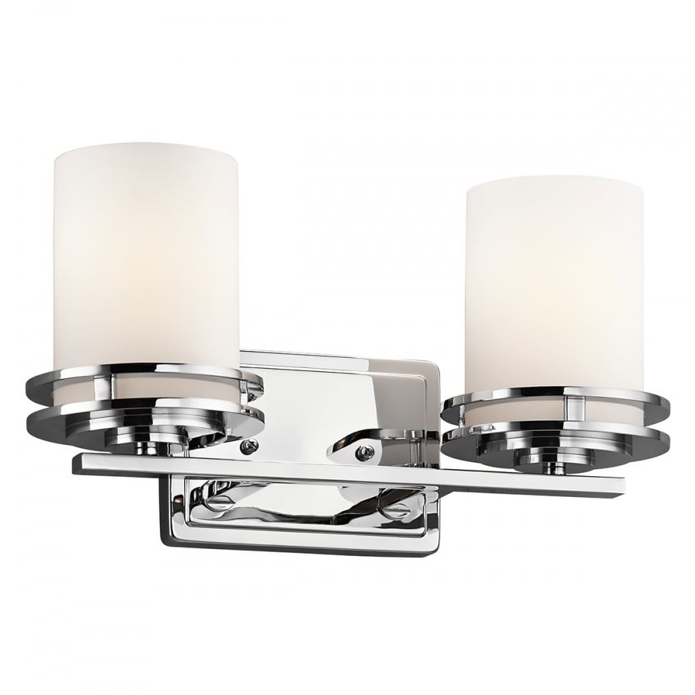 Double Bathroom Wall Light In Chrome With Satin Glass Shades, Ip44 In Ceiling Hung Satin Chrome Wall Mirrors (View 3 of 15)