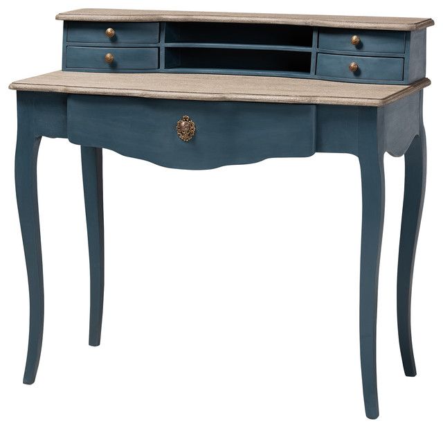 Earle French Provincial Blue Spruce Wood Accent Writing Desk Intended For Gold And Blue Writing Desks (View 9 of 15)