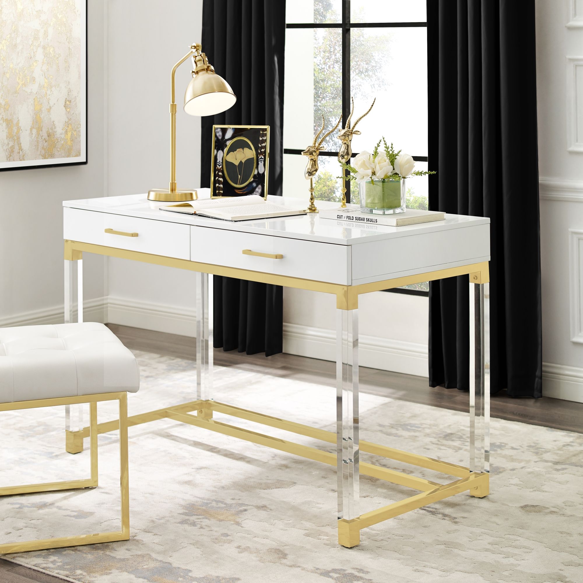 Ebbe White/gold Writing Desk – High Gloss Finish, Acrylic Legs In Gold And Olive Writing Desks (View 14 of 15)
