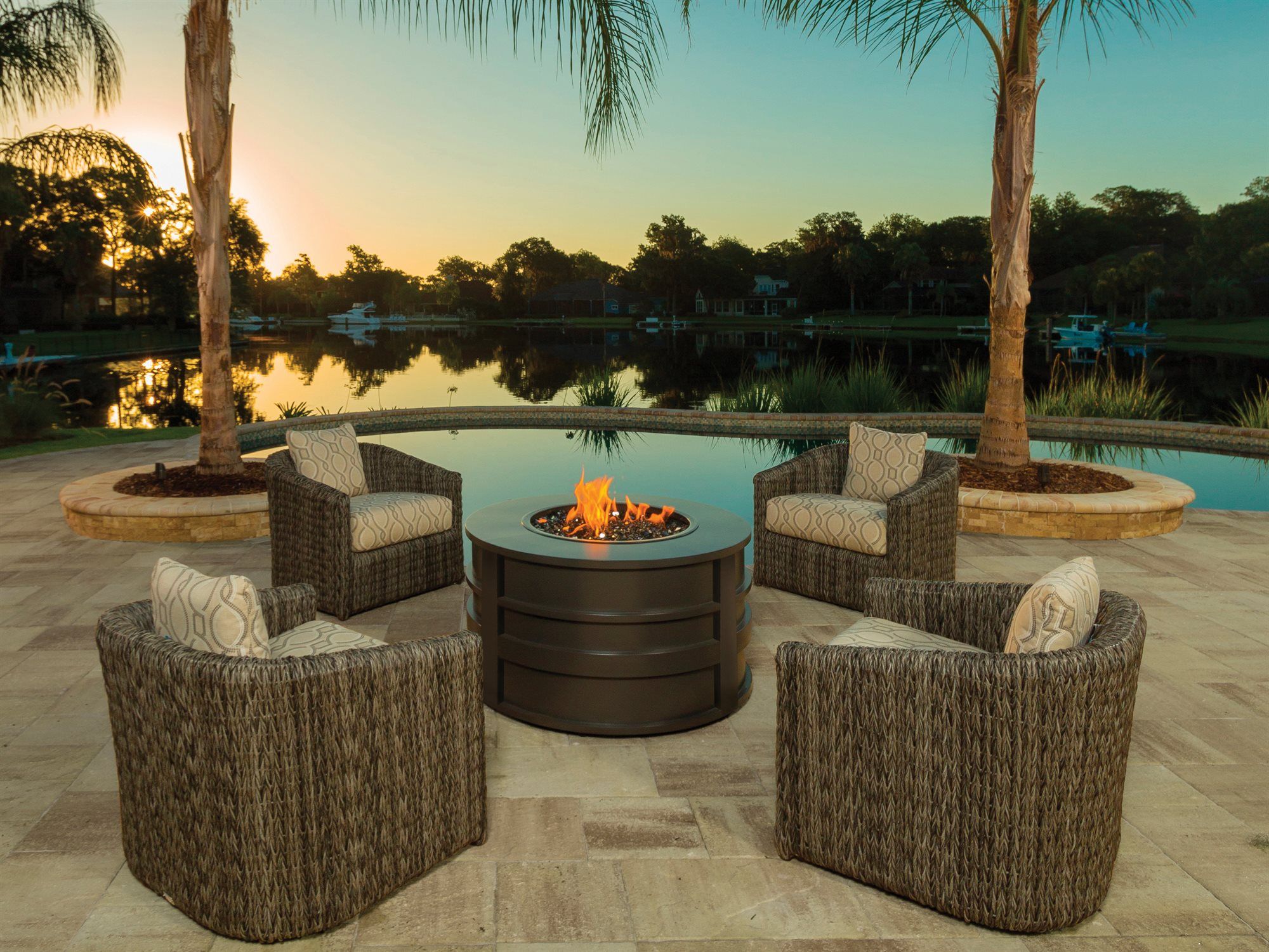 Ebel Palermo Aluminum 42'' Wide Round Fire Pit Table | Ebl813 Inside Wide Palermo Tobacco L Shaped Desks (View 5 of 15)
