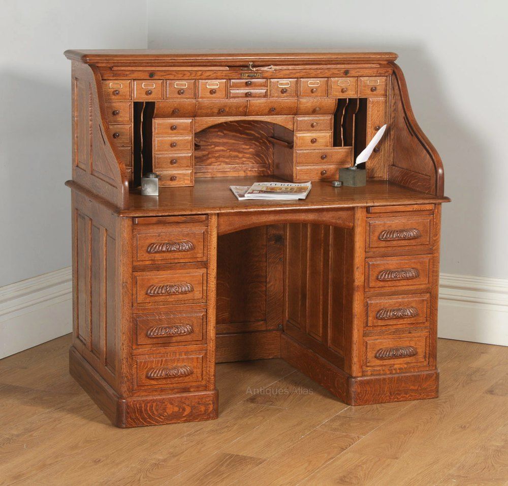 Edwardian 4ft 2" Oak Roll Top Office Writing Desk – Antiques Atlas Inside Light Oak And White Writing Desks (View 4 of 15)
