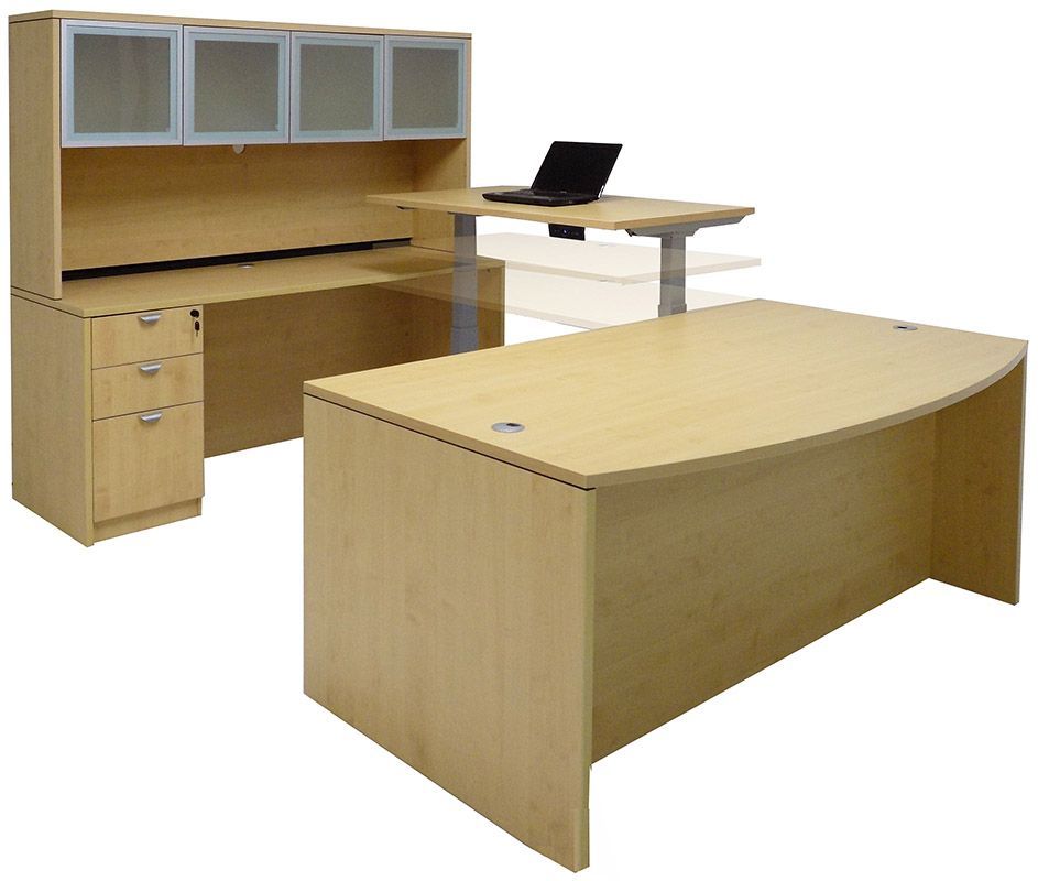 Electric Lift U Shaped Maple Workstation W/hutch – Free Shipping! Throughout Adjustable Electric Lift Desks (View 6 of 15)