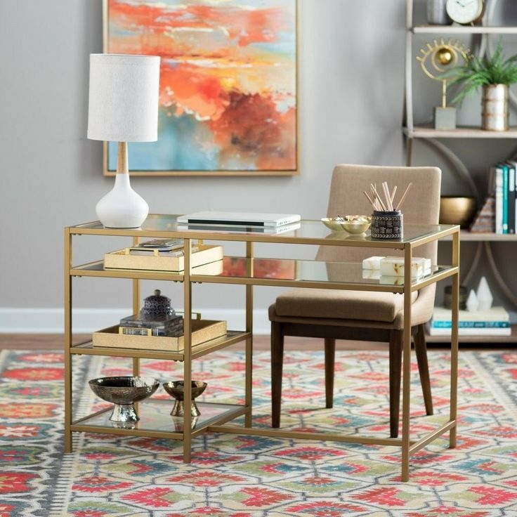 Elegant Laptop Writing Desk For Women Beveled Glass Gold Steel Mirrored With Gold And Wood Glam Modern Writing Desks (View 3 of 15)