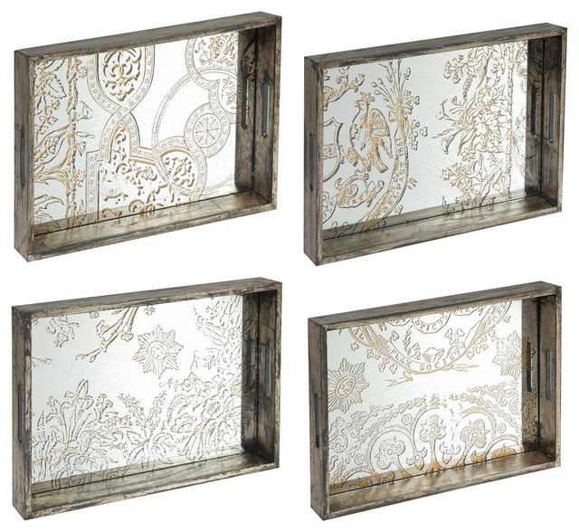 Etched Glass Mirror Serving Trays, 4 Piece Set – Transitional – Serving With Regard To Glass 4 Piece Wall Mirrors (View 9 of 15)