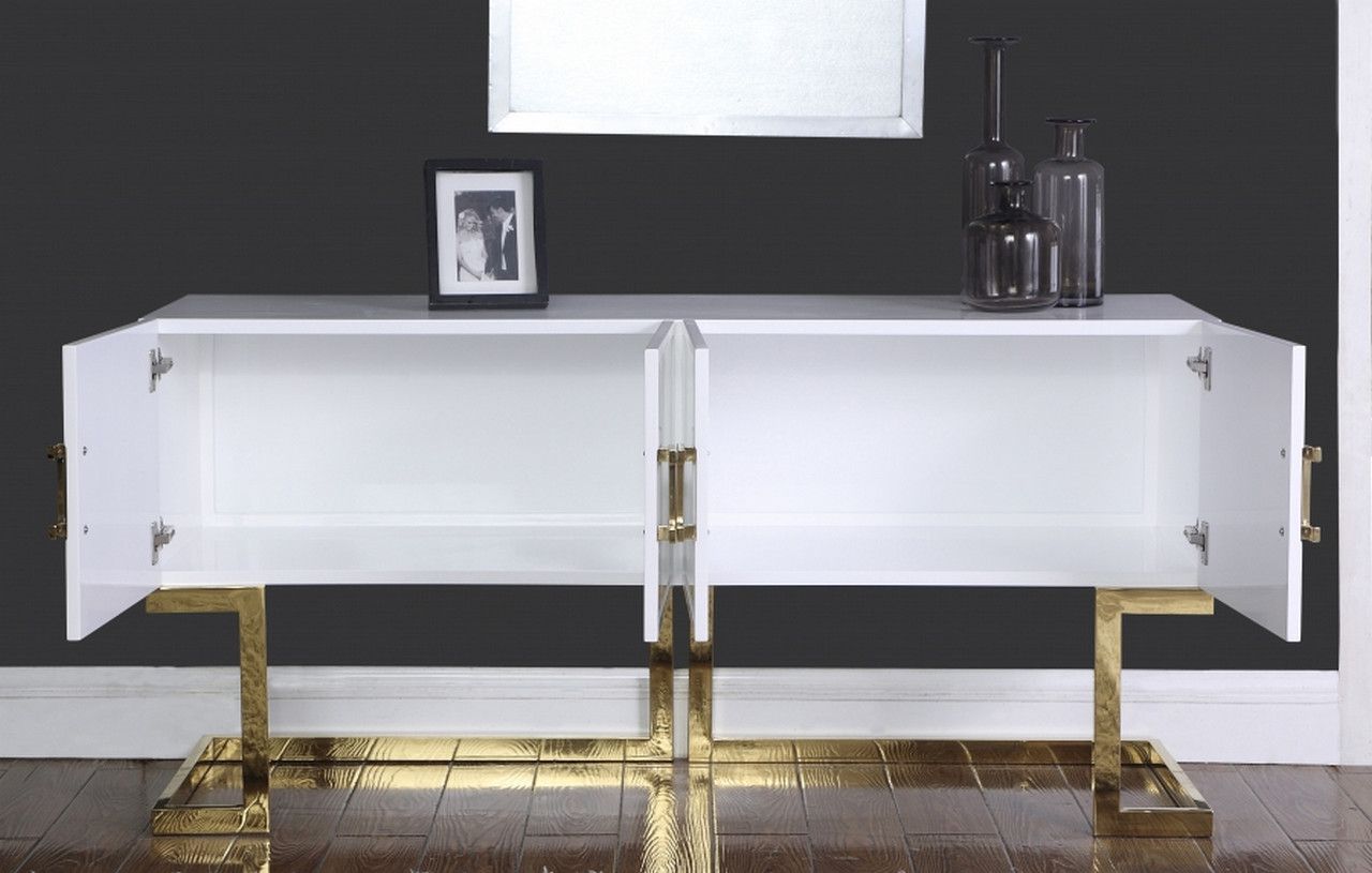 Evie Modern White Lacquer Sideboard With Gold Stainless Steel Trim And Base For White Lacquer Stainless Steel Modern Desks (View 3 of 15)