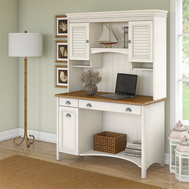 Fairview Computer Desk With Hutch And Drawers In Antique White Within Wood Center Drawer Computer Desks (View 7 of 15)