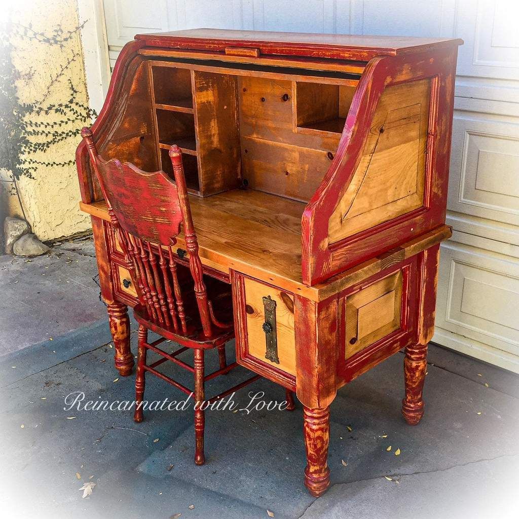 Farmhouse Style Roll Top Desk ~ Reclaimed Wood Desk In Distressed Red Throughout Distressed Pine Lift Top Desks (View 10 of 15)