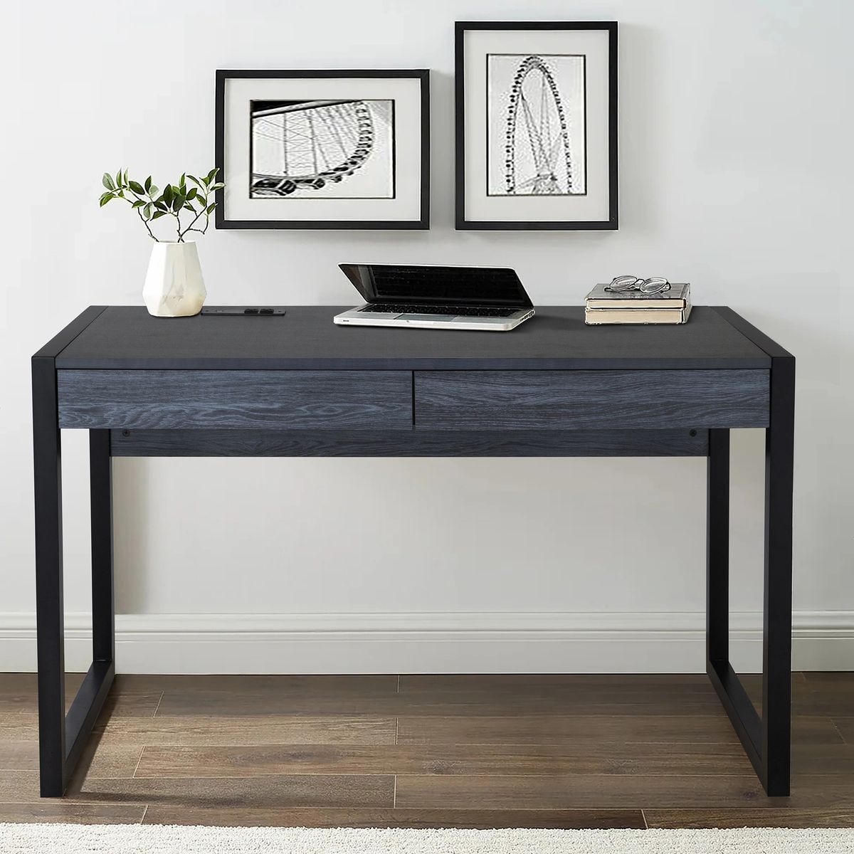 Fc Design Two Tone Contemporary Writing Desk With Power Outlets And Usb In Black And Gray Oval Writing Desks (View 3 of 15)