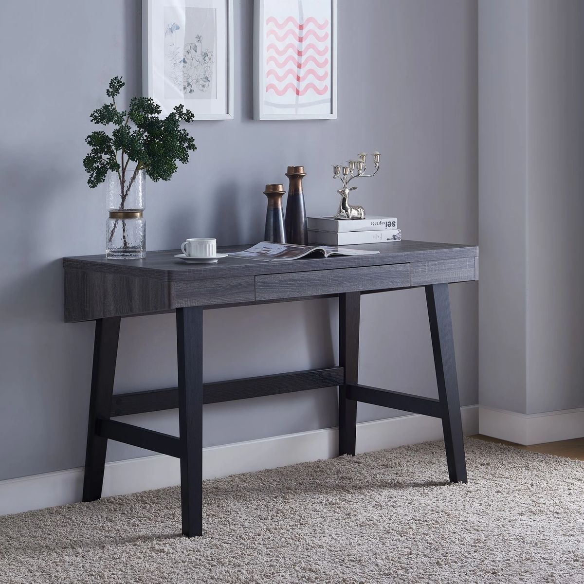 Fc Design Two Tone Writing Desk With One Center Drawer And Two Usb Pertaining To Black And Gray Oval Writing Desks (View 11 of 15)