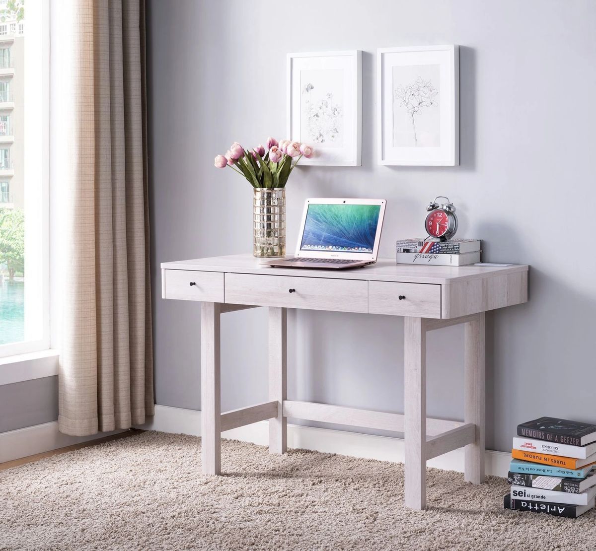 Fc Design Writing Desk With 3 Drawers, 1 Power Outlet, And 2 Usb Ports Inside White Oak Wood Writing Desks (View 8 of 15)