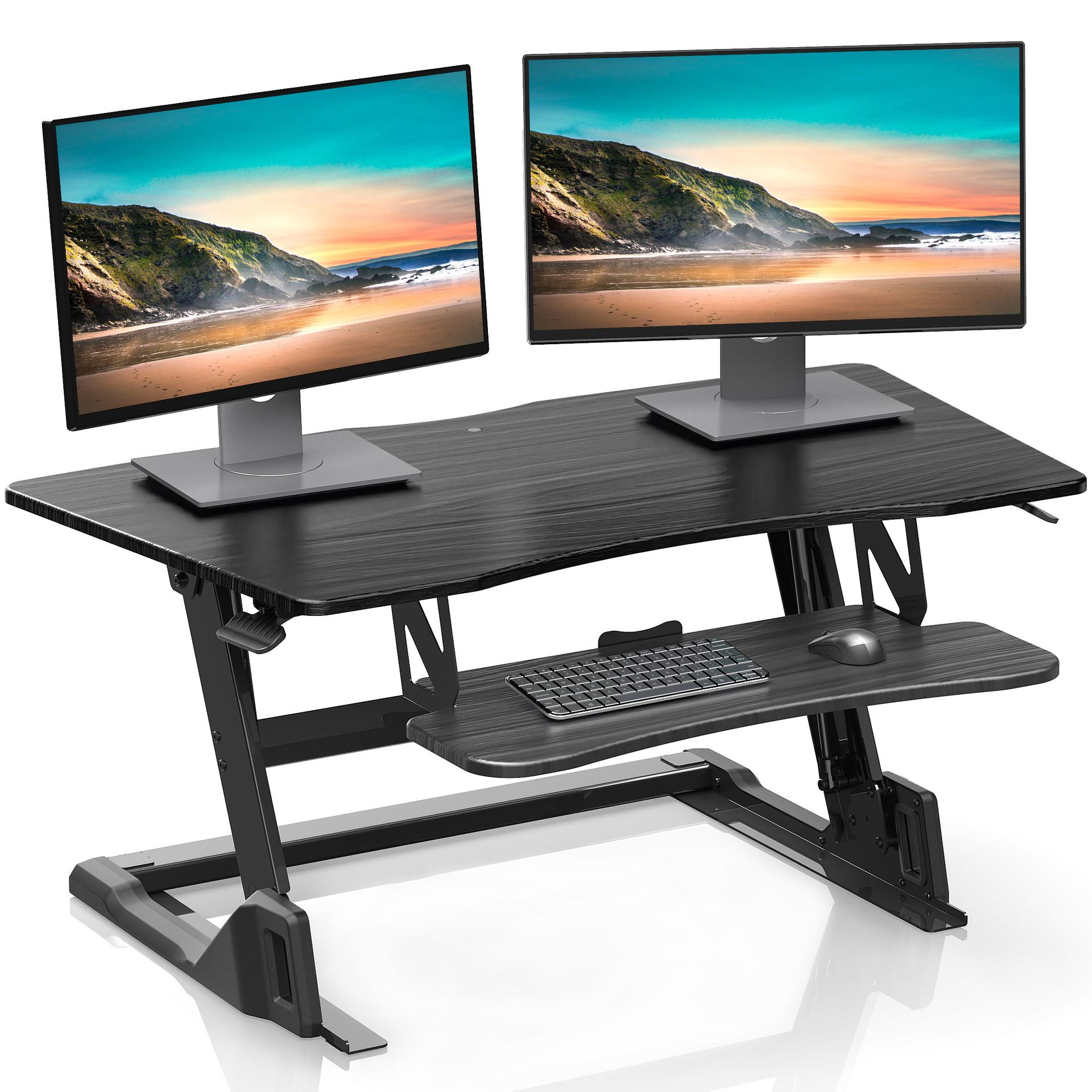 Fenge Stand Up Desk Converter 42 Inch Height Adjustable Standing Desk Throughout Walnut Adjustable Stand Up Desks (Photo 13 of 15)
