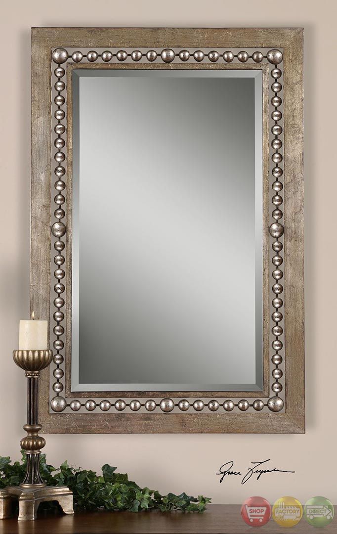 Fidda Modern Antiqued Silver Leaf Rectangular Mirror W Beaded Design Intended For Glam Silver Leaf Beaded Wall Mirrors (View 4 of 15)