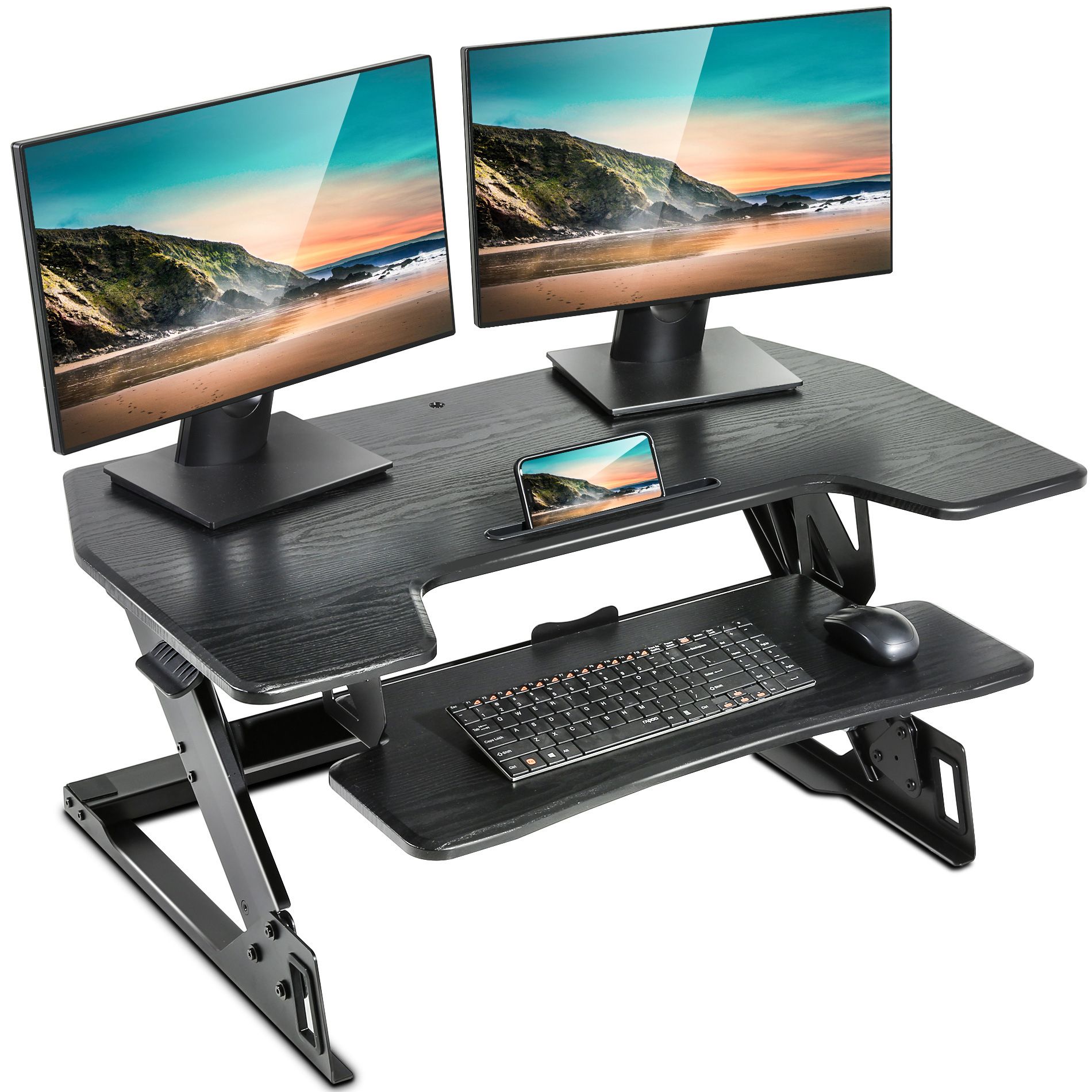 Fitueyes 36" Standing Desk Converter Sit To Stand Up Desk For Dual Throughout Espresso Adjustable Stand Up Desks (Photo 6 of 15)