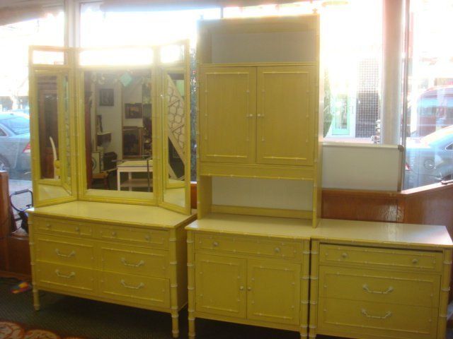 Five Piece Thomasville Yellow Bamboo Furniture: : Lot 335 With Black Wash And Light Cane 3 Drawer Desks (View 6 of 15)