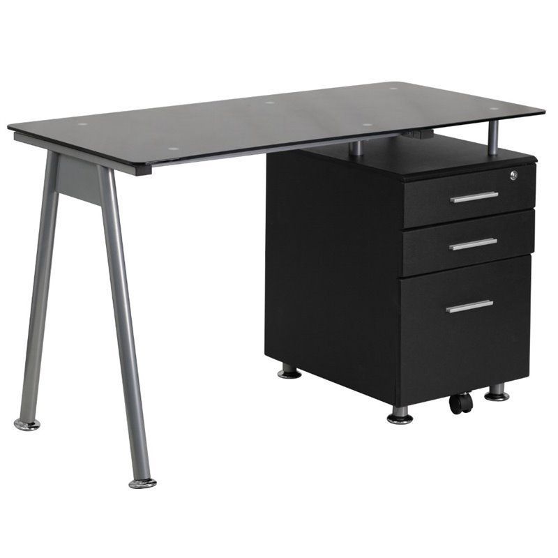 Flash Furniture 3 Drawer Glass Top Home Office Desk In Black – Nan Wk For Black Glass And Dark Gray Wood Office Desks (View 12 of 15)