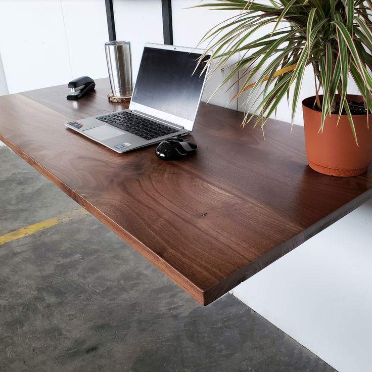 Floating Desk + 4 Shelves In 2021 | Wall Mounted Computer Desk, Wall In Black Glass And Walnut Wood Office Desks (View 7 of 15)