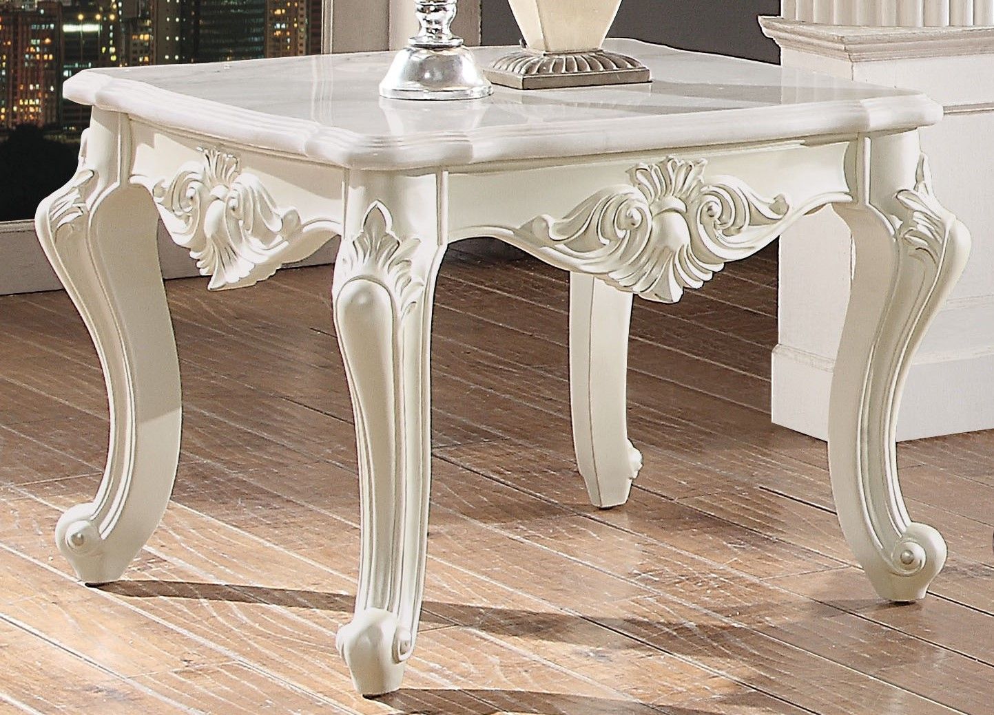 Fontenille Traditional Ivory Marble Top End Table In Antique Pearl Finish In Antique Ivory Wood Desks (View 8 of 15)
