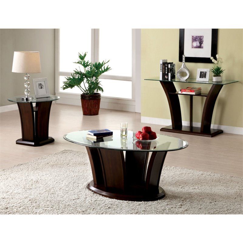 Furniture Of America Lantler 3 Piece Glass Coffee Table Set In Dark Pertaining To Dark Walnut Desks And Chair Set (Photo 12 of 15)