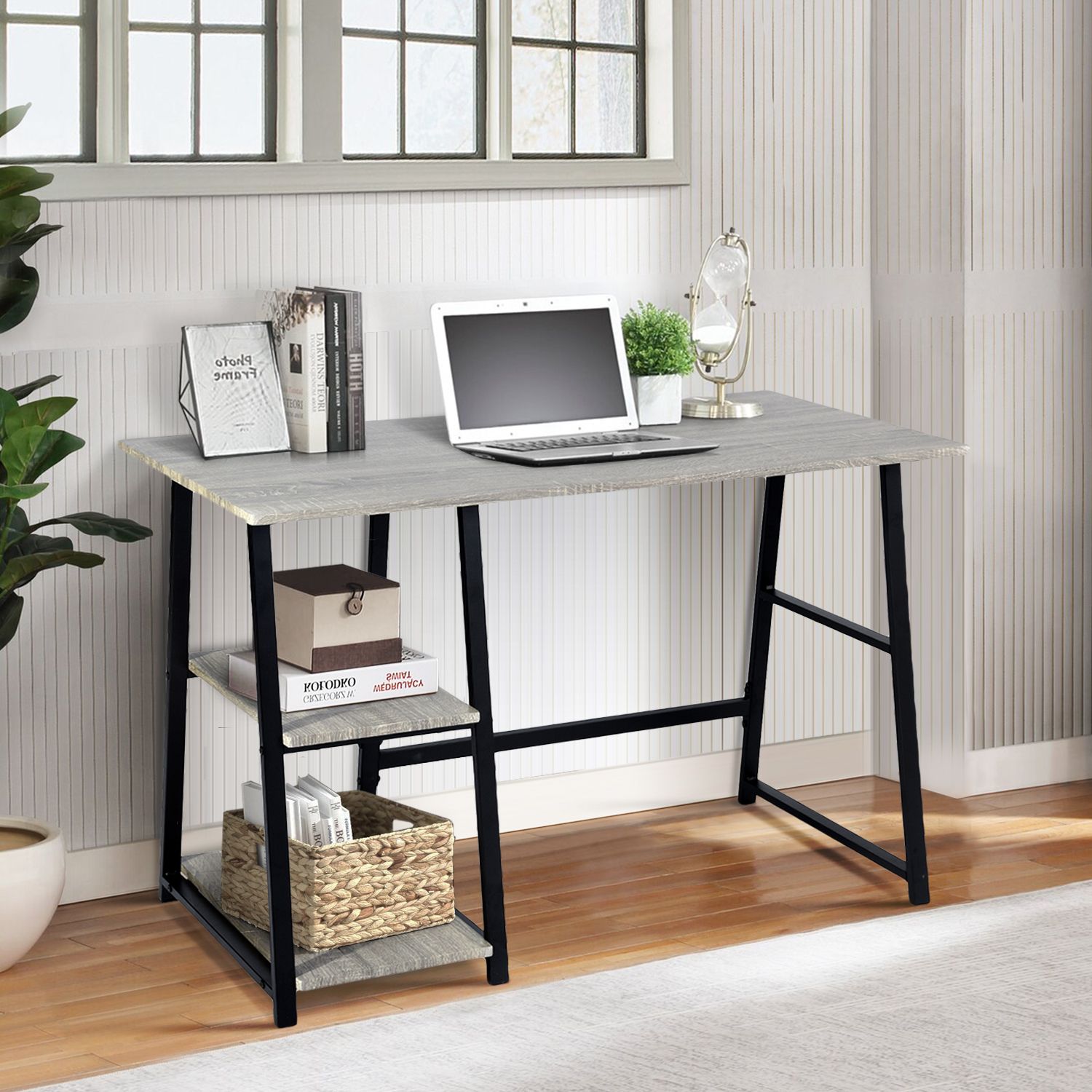 Furniturer Modern Computer Writing Desk With 2 Storage Shelves, Grey Throughout Black And Gray Oval Writing Desks (View 6 of 15)