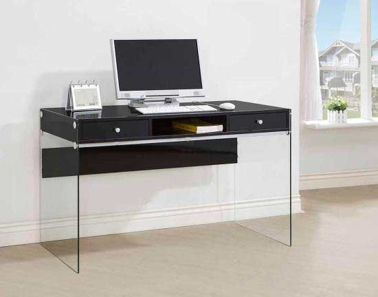 Glossy Black Modern Desk With Glass Legs Co 830 | Desks Regarding Black Glass And Dark Gray Wood Office Desks (View 9 of 15)