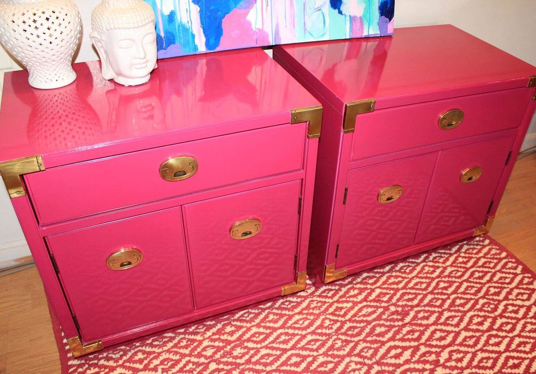 Glossy Hot Pink Fuchsia Lacquered Campaign Chests Or Bedside Tables Hot Pertaining To Pink Lacquer 2 Drawer Desks (View 12 of 15)