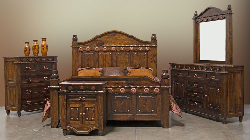 Grand Dark Walnut Bedroom Set With Copper Accents, Real Wood, Rustic For Dark Walnut Desks And Chair Set (View 4 of 15)