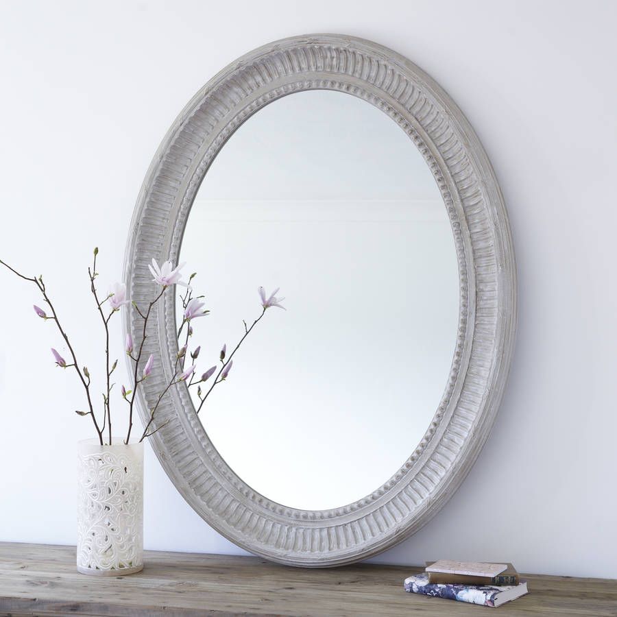 Grand Grey Oval Wooden Wall Mirrorprimrose & Plum Intended For Gray Washed Wood Wall Mirrors (Photo 4 of 15)