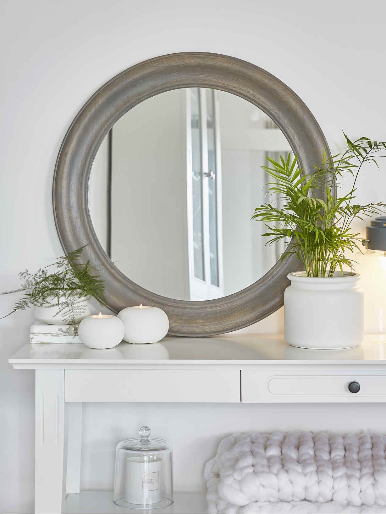 Grey Wooden Mirror – Round | Round Wooden Mirror, Wooden Mirror, Mirror Regarding Gray Washed Wood Wall Mirrors (Photo 9 of 15)