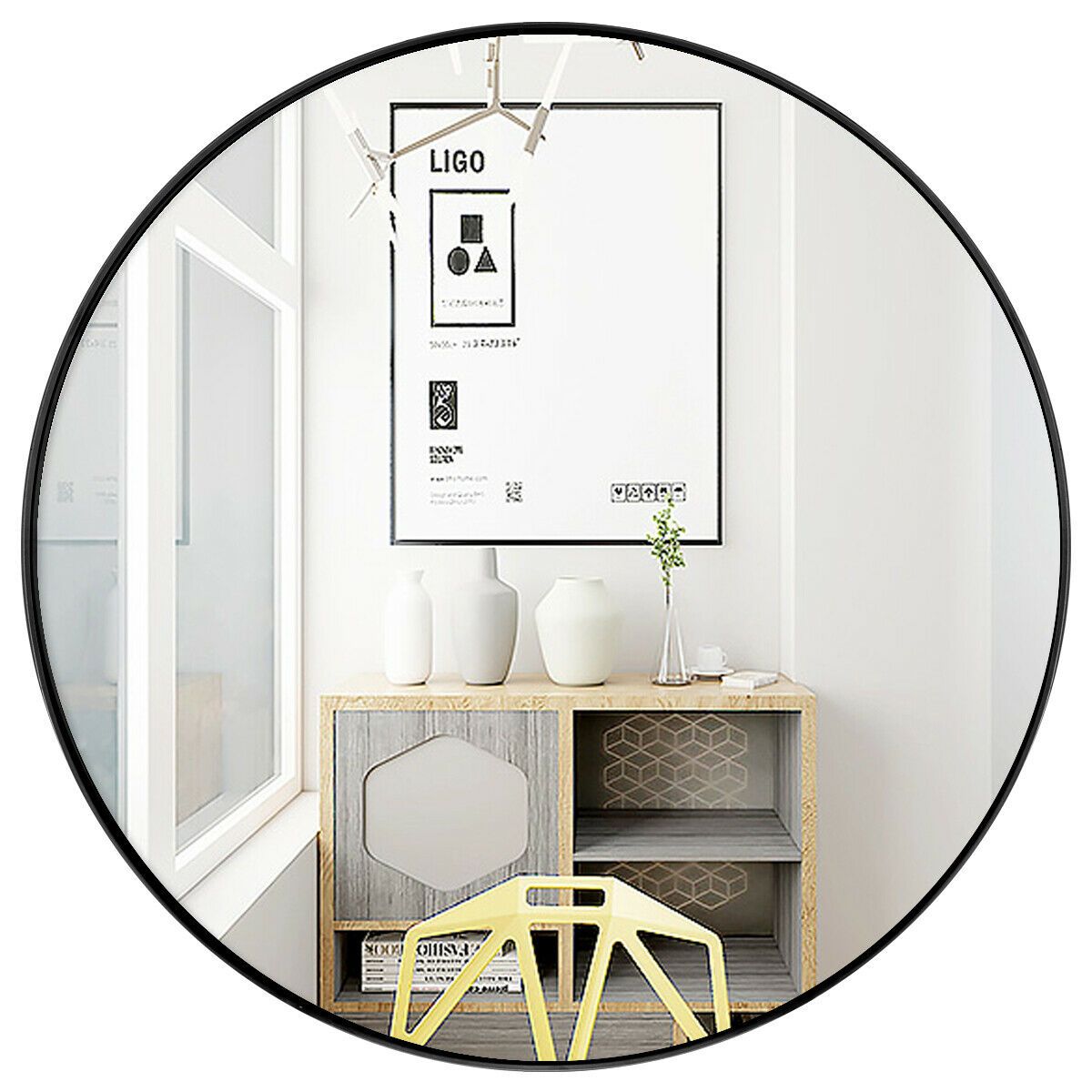 Gymax 27.5'' Modern Metal Wall Mounted Round Mirror For Bathroom Within Rustic Black Round Oversized Mirrors (Photo 15 of 15)