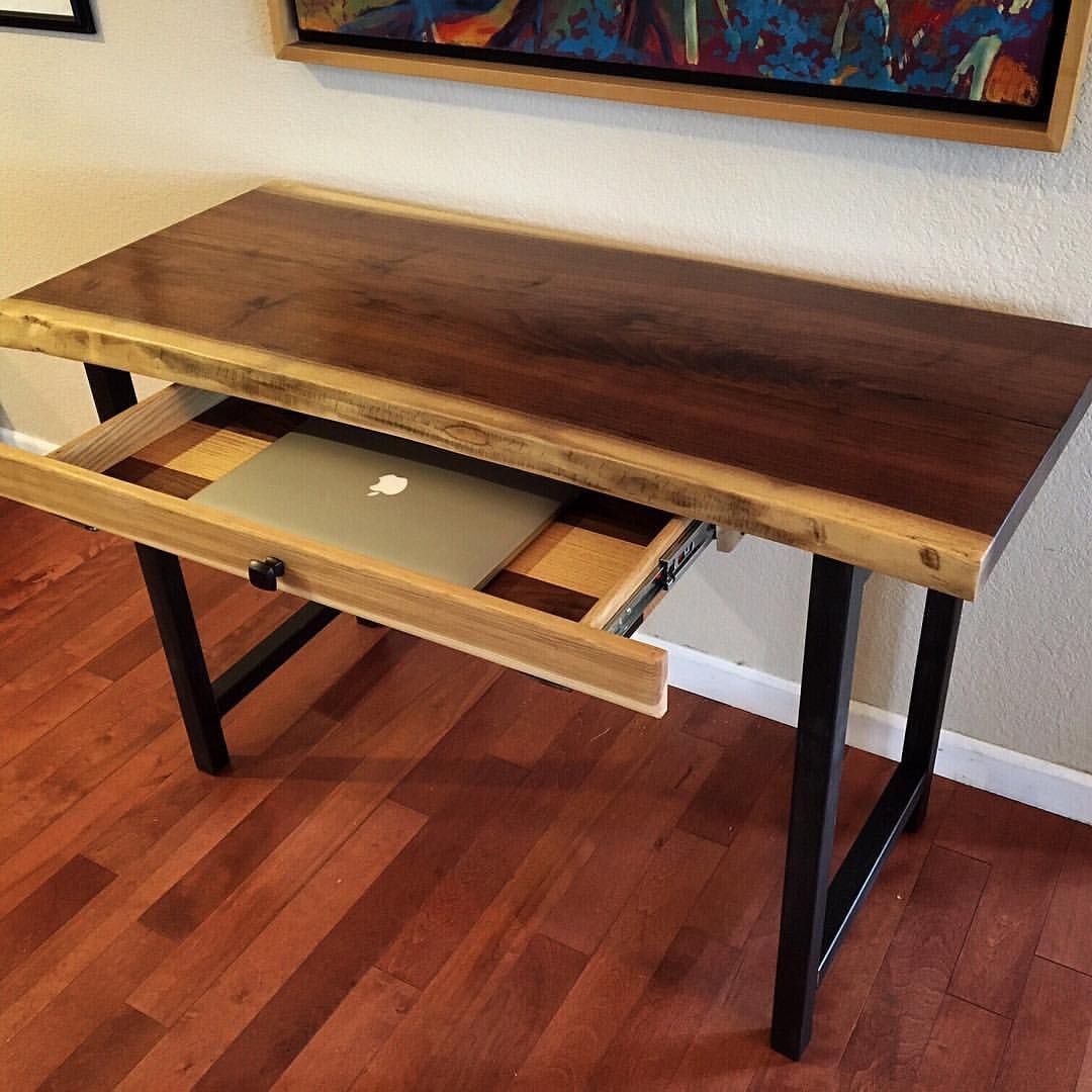 Hand Crafted Walnut Live Edge Desk With Hand Forged Metal Legs And With Regard To Glass White Wood And Walnut Metal Office Desks (Photo 8 of 15)