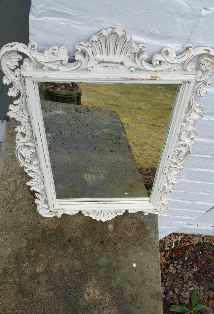 Handpainted Antique White Ornate Wall Mirror Decor~square ~shabby For White Square Wall Mirrors (View 13 of 15)