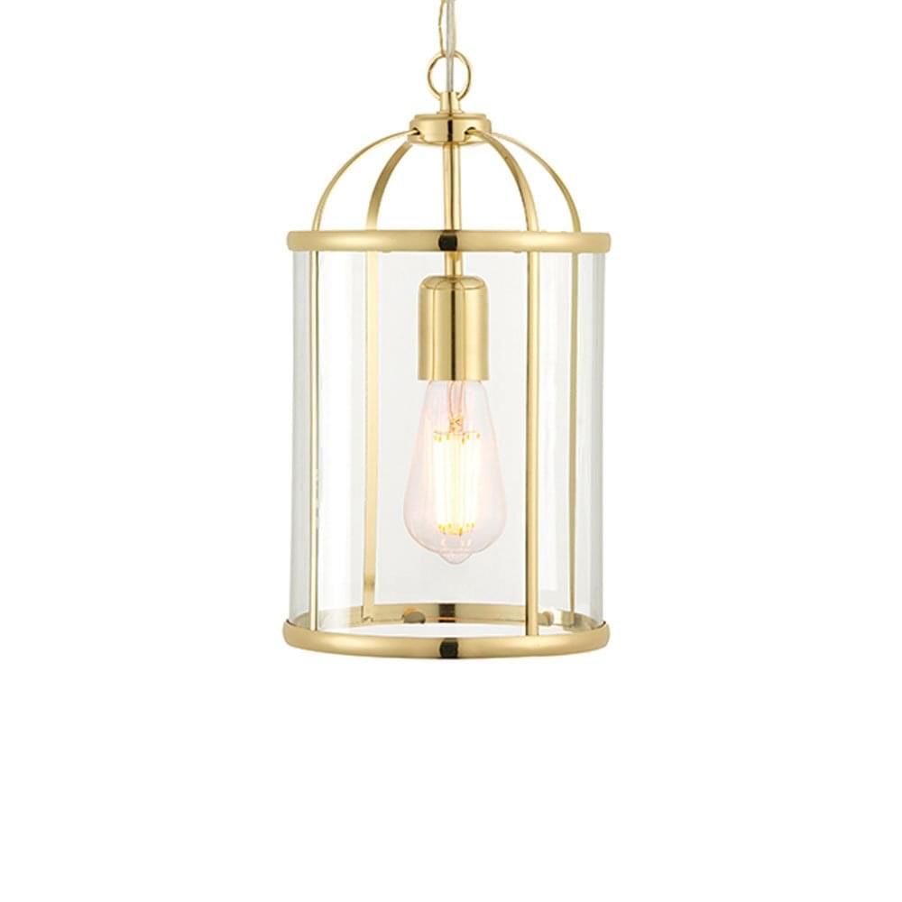 Hanging Hall Ceiling Lantern Pendant Light In Polished Brass And Clear With Ceiling Hung Polished Brass Mirrors (View 9 of 15)