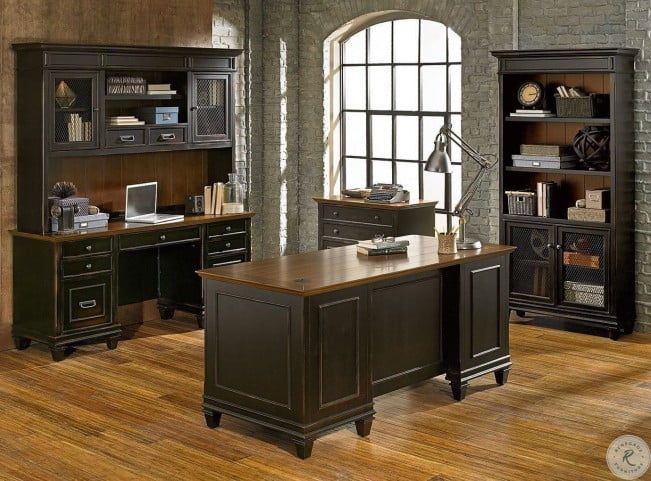 Hartford Distressed Black Double Pedestal Desk From Martin Furniture Regarding Black And Cinnamon Office Desks (View 9 of 15)