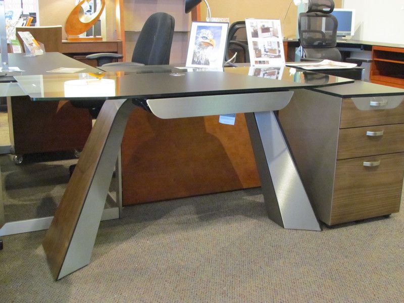 Haven Laptop Desk And File In Natural Walnut, Brushed Steel And Glass Throughout Glass Walnut Wood And Black Metal Office Desks (View 4 of 15)