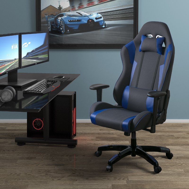 High Back Ergonomic Gray And Blue Gaming Desk Chair – Workspace | Rc Regarding Gaming Desks With Built In Outlets (View 15 of 15)