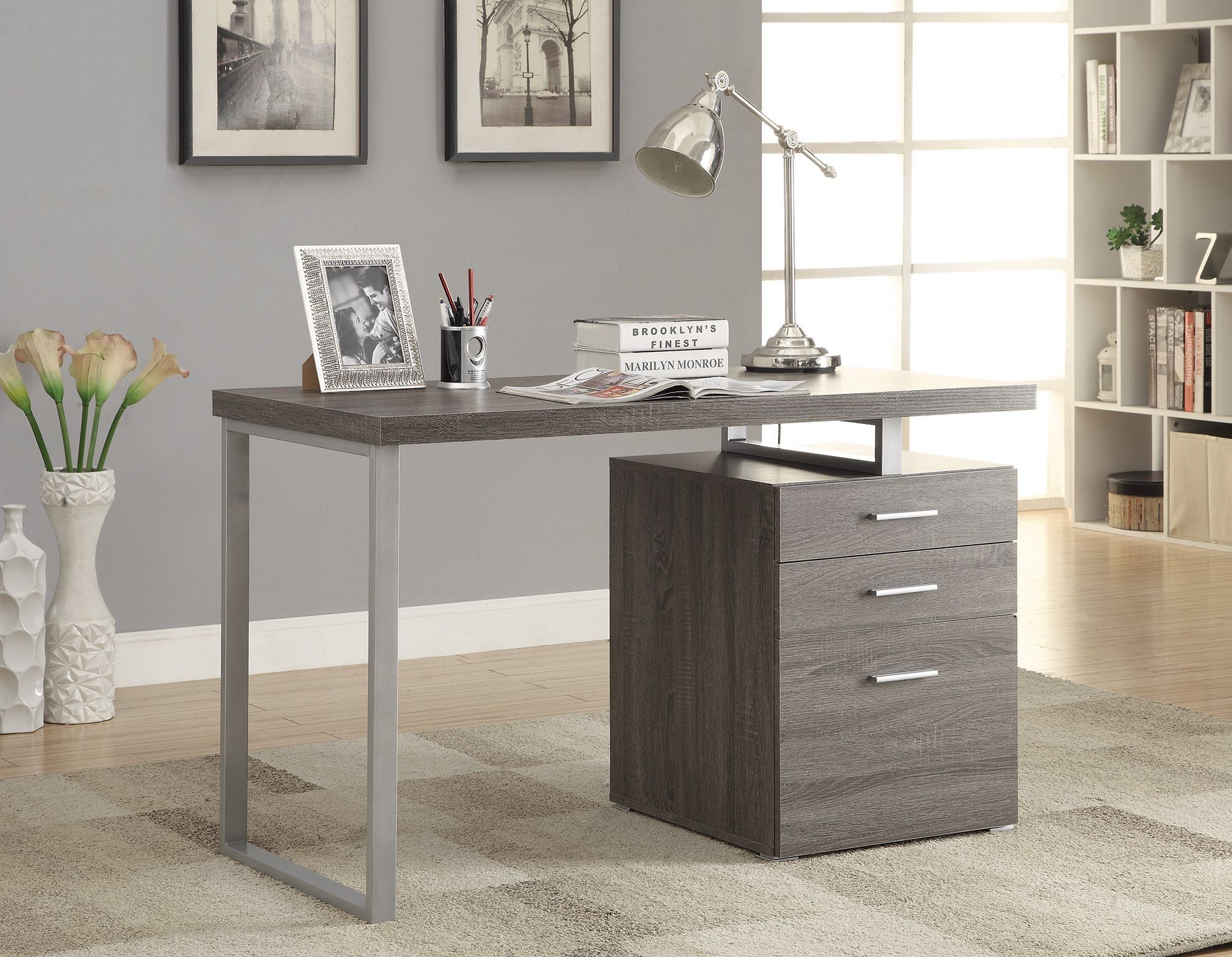 Hilliard Weathered Gray Writing Desk From Coaster (800520) | Coleman Pertaining To Smoke Gray Computer Writing Desks (Photo 10 of 15)