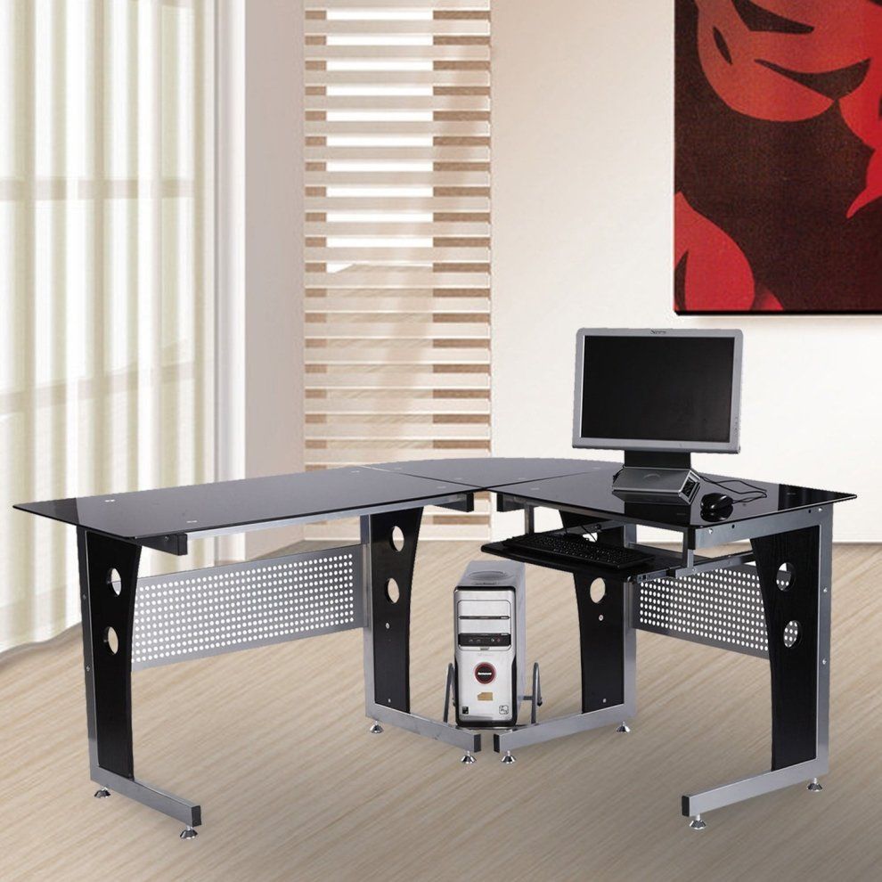 Homcom Black Glass Reversible Office Desk | Corner Computer Desk On Onbuy Throughout Black Glass And Natural Wood Office Desks (Photo 4 of 15)