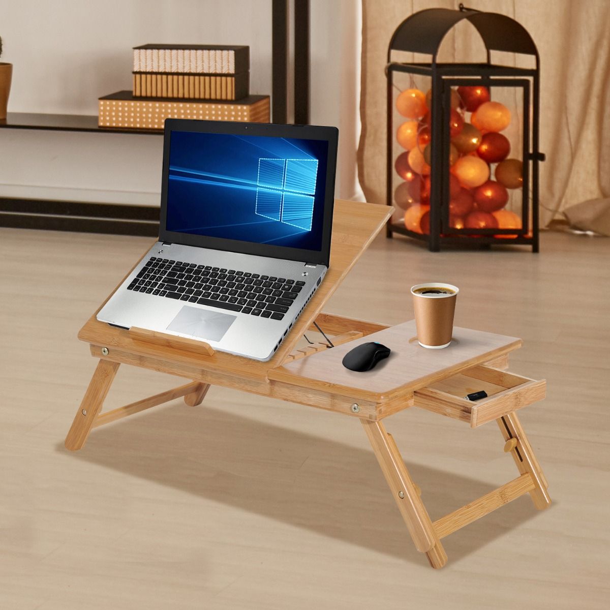 Homcom Portable Desk Foldable Bamboo Wood Laptop Stand Notebook Desk With Regard To Cherry Adjustable Laptop Desks (View 9 of 15)