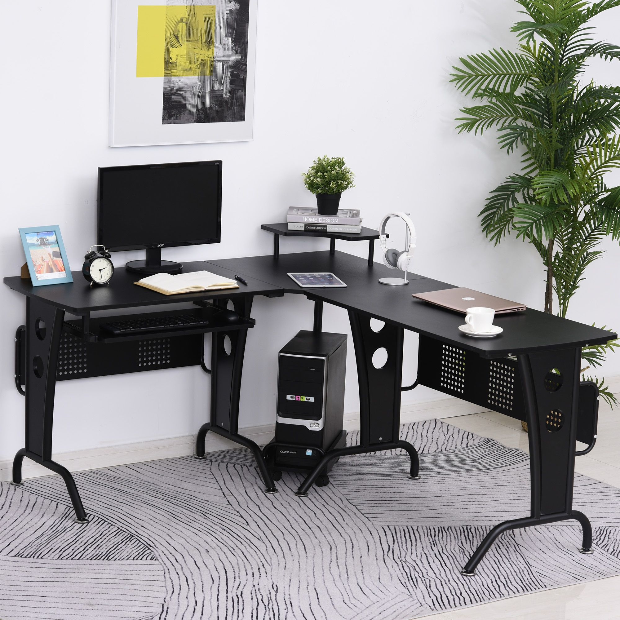 Homcom Steel Mdf Top L Shaped Corner Desk W/ Keyboard Tray Black For Natural Wood And White Metal Office Desks (View 4 of 15)