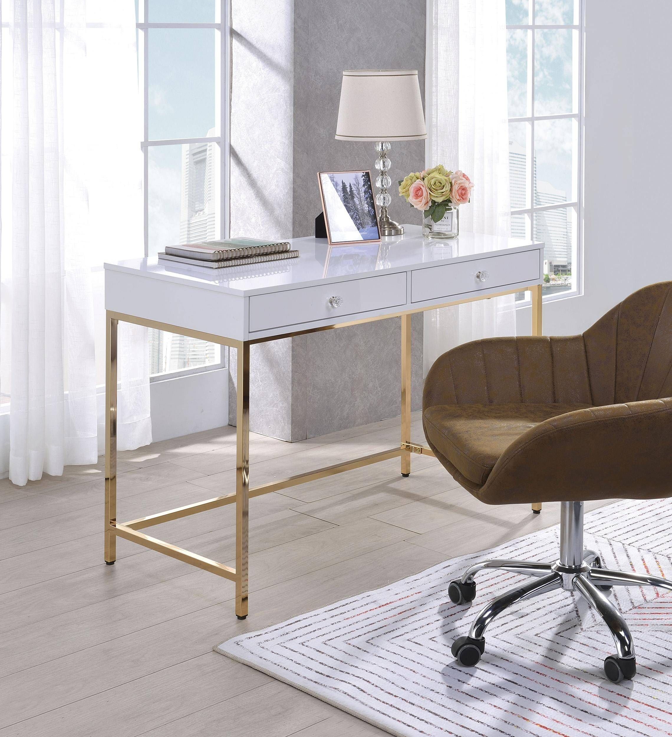 Home Office Secretary Desk Ottey White & Brass 92540 Acme Contemporary With White Modern Nested Office Desks (View 2 of 15)