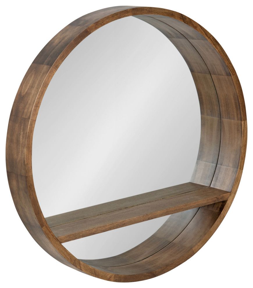 Hutton Round Mirror With Shelf, Rustic Brown 30" Diameter Intended For Brown Leather Round Wall Mirrors (View 8 of 15)