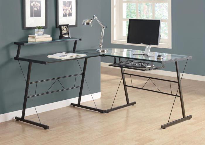 I 7172 – Black Metal L Shaped Computer Desk With Tempered Glass With Metal And Glass Work Station Desks (View 15 of 15)