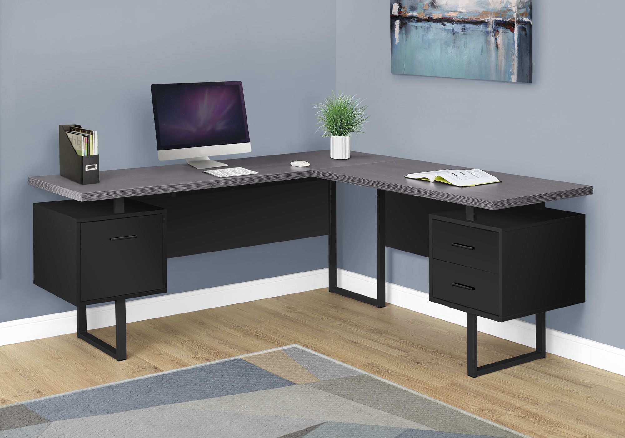 I 7432 – Computer Desk – 70"l / Black / Grey Top Left/right Facing Throughout Left Facing Shelf Gray Modern Desks (View 3 of 15)
