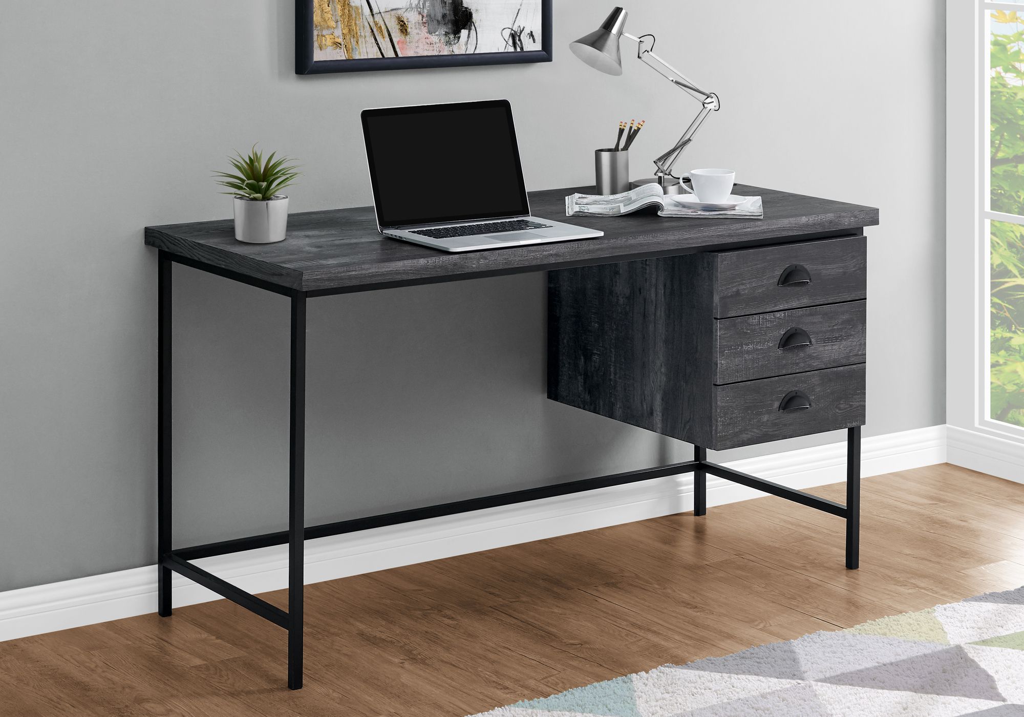 I 7488 – Computer Desk – 55"l / Black Reclaimed Wood / Black Metal Pertaining To Natural Wood And White Metal Office Desks (View 7 of 15)