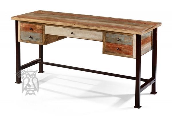 Ifd|pine Rustic Wood 5 Drawer Writing Desk|metal Legs | Rustic Writing With Regard To Rustic Acacia Wooden Writing Desks (View 4 of 15)